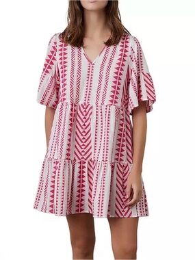 Velvet by Graham & Spencer Pink & White Geometric V-Neck Tiered Mini Dress